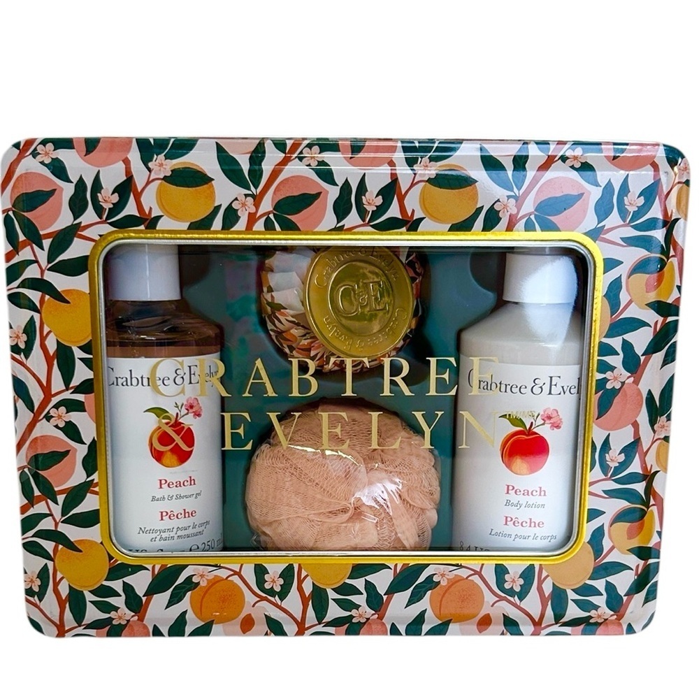Crabtree & Evelyn Peach Body Wash Lotion Soap Sponge Shower Loofah 4 pc. Set